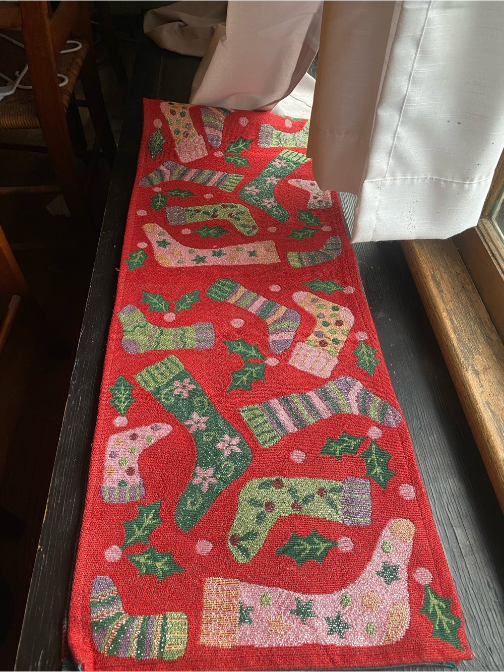 Festive Red Christmas Stocking Runner with Holly Motifs